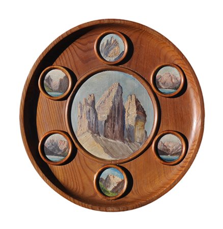 Anonym/Anonimo Piatto in legno con "Tre cime" e altre vedute delle Dolomiti,...