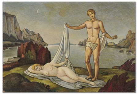 Alberto Martini "Adone sveglia la bellezza" 1942
olio su tavola
cm 38x56
Firmato