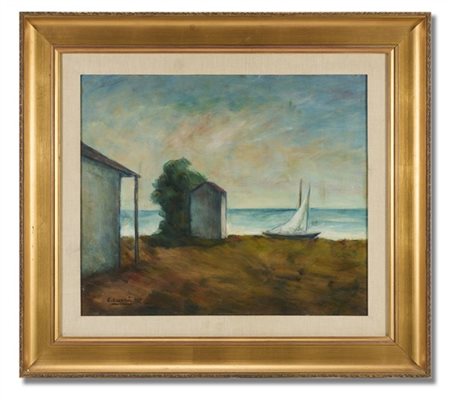 Carlo Carrà "Capanni e vela sulla riva" 1955
olio su tela
cm 50x60
Firmato e dat