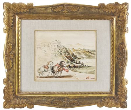 Giorgio De Chirico "Cavalli e paese" 1958
matita e tempera su cartoncino
cm 24,8