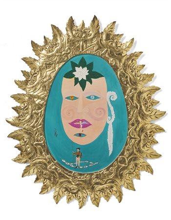 Luigi Ontani "Autoritratto FreeVolo" 1998
olio su tavola e cornice intagliata
cm