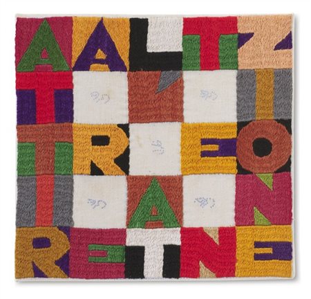 ALIGHIERO BOETTI "Attirare l’attenzione" 1989
ricamo su tessuto
cm 21,5x22,5

Pr