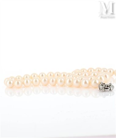 Collier formé d'un rang de perles de culture, fermoir en métal agrémenté de...