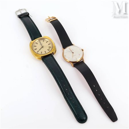 Lot Deux montres: - FAVOR - Montre bracelet en plaqué or et acier, verre...