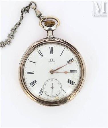 OMEGA Montre de gousset en argent (800 millièmes), cadran fond blanc, index...