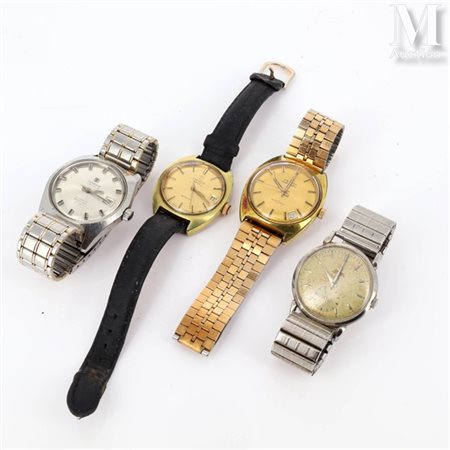 Quatre montres Ensemble de 4 montres en acier et plaqué or: - OMEGA en acier....