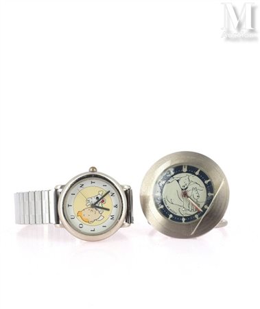 [TINTIN ET MILOU] Une montre bracelet et une montre de table en acier, à...