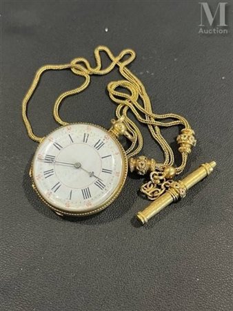 Ensemble chaîne et montre Ensemble en or jaune 18k (750 millièmes) comprenant...