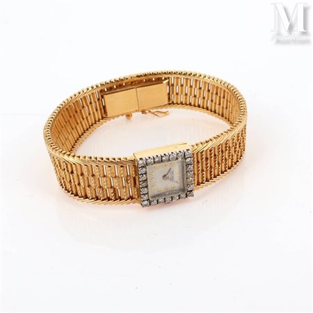 HERODIA Montre de dame en or jaune 18k (750 millièmes), cadran carré fond...