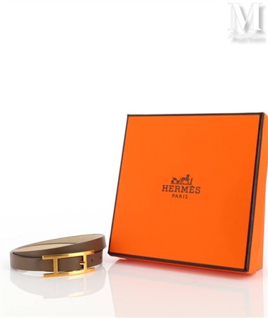 HERMÈS Bracelet Behapi Bracelet Behapi double tour réversible en veau taupe...