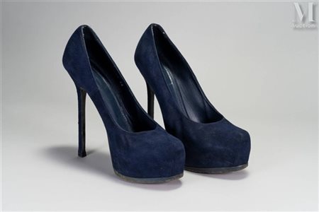 Yves SAINT LAURENT Tribtoo Escarpins plateforme "tribtoo" en suédine bleu...
