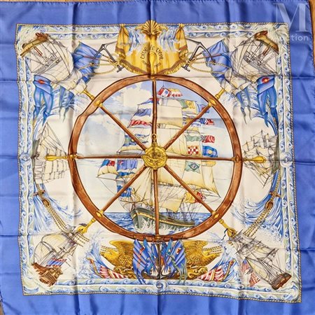 HERMÈS Carré Hermès en soie "Vive le vent". 87 x 87 cm environ (Manque...