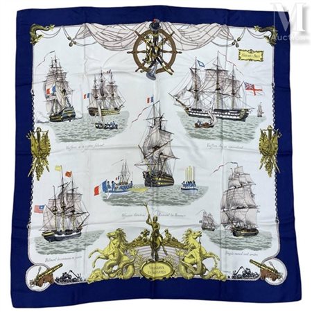 HERMÈS Foulard Hermès, motif "Vaisseaux et frégates", en twill de soie...