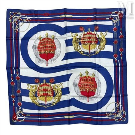 HERMÈS Foulard Hermès, motif "Château d'Arrière", en twill de soie roulottée...