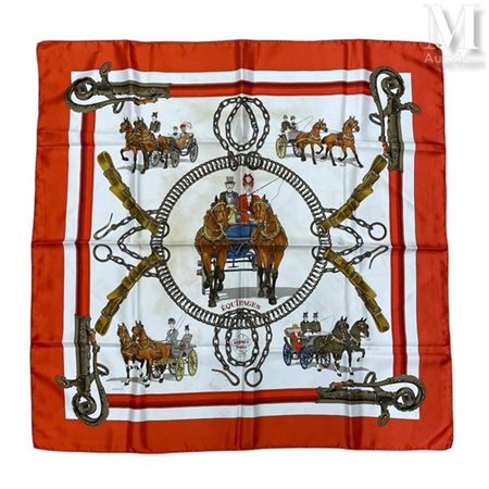 HERMÈS Foulard Hermès motif "Équipages", en twill de soie roulottée 89 x 89...