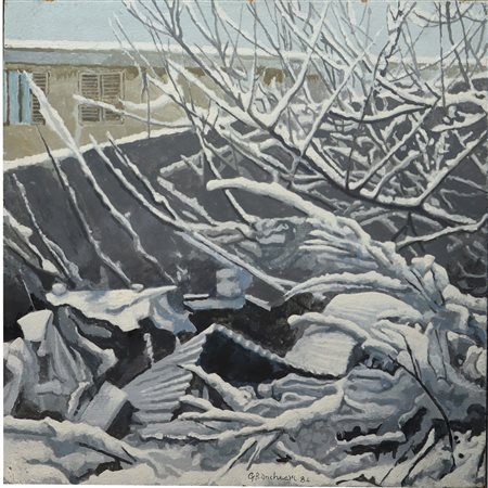 Giuseppe  Banchieri (Milano  1927 - Ronchi di Massa 1994)  - Cortile sotto la neve, 1984