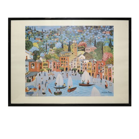 Alessandra Puppo (1936)  - Paese sul mare con barca a vela, naif