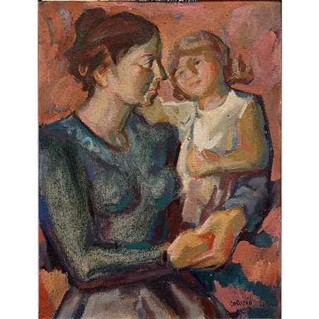 Bruno Colorio (1957) Maternità, olio su tela, 59x44 cm. Con cornice cm 57x73....