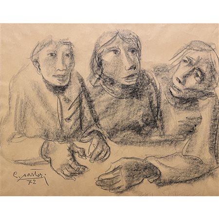 Carlo Sartori (1972), carboncino con soggetto tre figure sedute a un tavolo,...