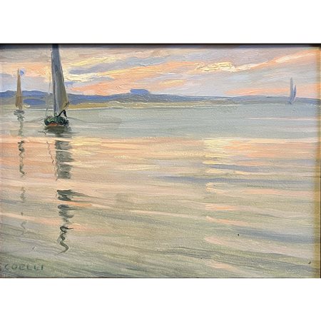 Piero Coelli, Tramonto sul mare, olio su cartone cm 22,5x16,5. Con cornice cm...