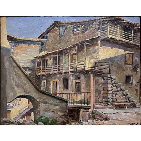 Fernando Righi, Rustici, olio su cartone,cm 22x28, in cornice dorata, firmato...