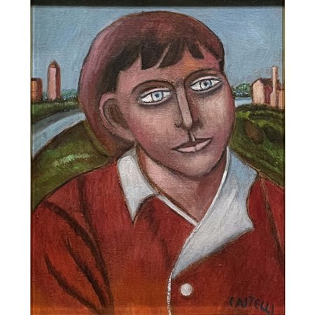 Gino Castelli, Testina e paesaggio di Torcello (VE), olio su tela, cm 25x20....