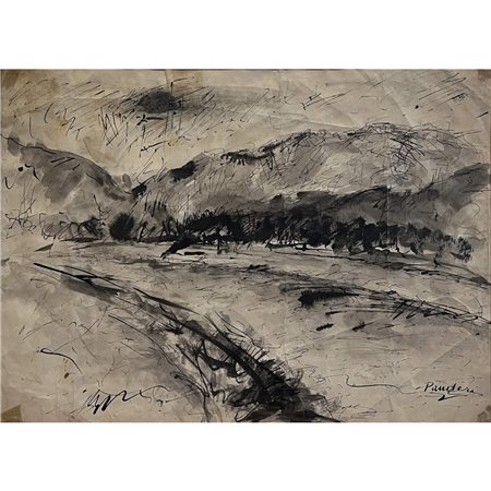 Gino Pancheri, Paesaggio, inchiostro, china e acquarello su carta cm 24x34....