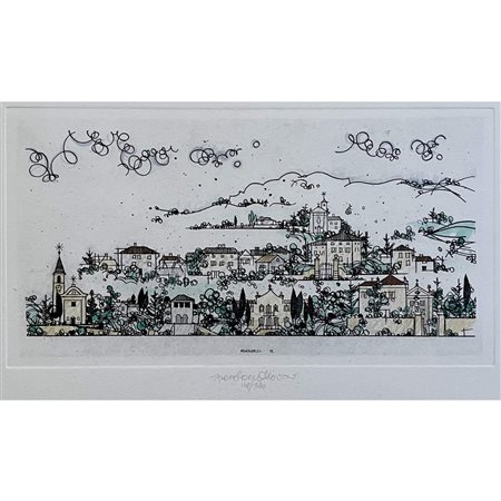 Mariano Fracalossi, veduta di Villazzano (TN), incisione acquerellata. Cm...