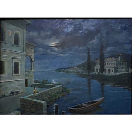Fernando Righi, Scena notturna sul lago, olio su tavola, cm 38x52. In cornice...