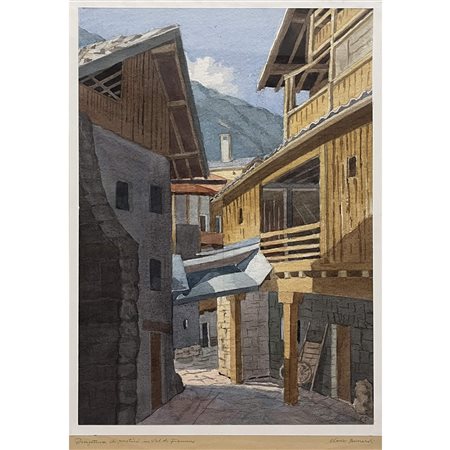 Mario Bernardi (1985), Prospettiva di rustici in val di Fiemme, acquerello su...