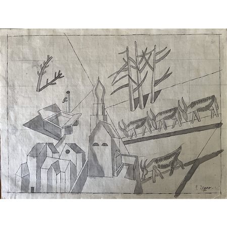 Fortunato Depero (1943 circa), Mucche a Serrada, china e china diluita su...