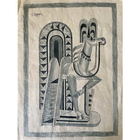 Fortunato Depero (1945/46 circa), Cavallo e Vetrata, china e inchiostro blu...