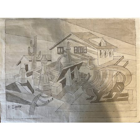 Fortunato Depero (1943/44), Fontana Alpestre (Case e Basilisco), china e...