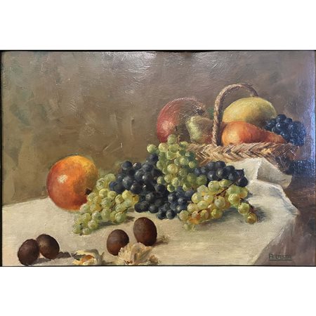 Attilio Lasta (anni '40), Natura morta con frutta, olio su cartone, cm 38x56,...