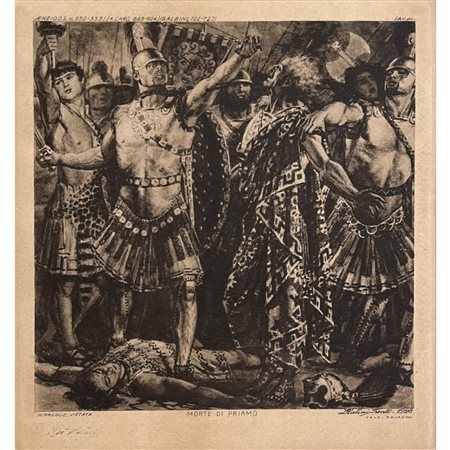 Luigi Ratini (1928), incisione dall'Eneide "Morte di Priamo", Libro II -...