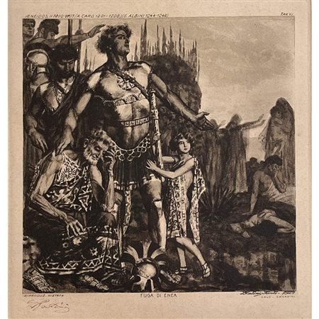 Luigi Ratini (1929), incisione dall'Eneide "Fuga di Enea", Libro II - Tavola...