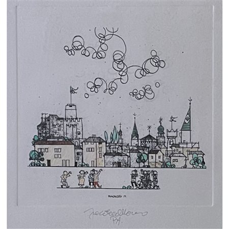 Mariano Fracalossi , Incisione acquarellata (1980) Firma autografa e dedica...