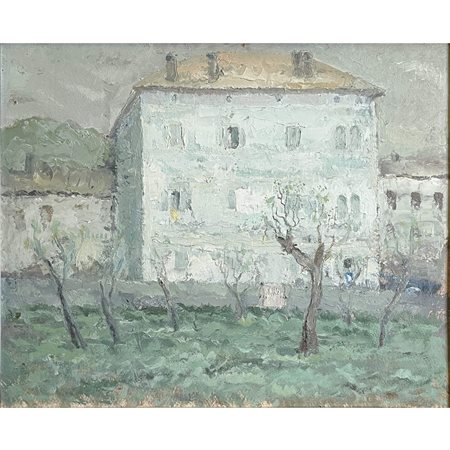 Carlo Pizzini (anni '30), Case a Riva del Garda, olio su cartone, cm 39x48,...