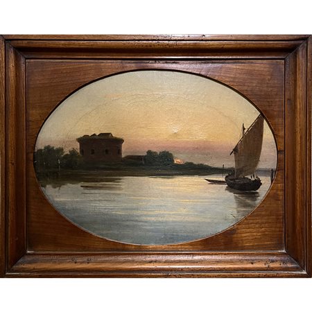 XIX° sec., Tramonto con barche. Pregevole olio su tela ovale, in cornice.