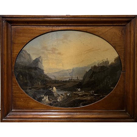XIX° sec. Paesaggio, pregevole olio su tela ovale, in cornice. Firmato in...