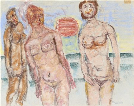 FAUSTO PIRANDELLO "Bagnanti" 
pastelli su carta
cm 21,8x27,6
Firmato in basso a