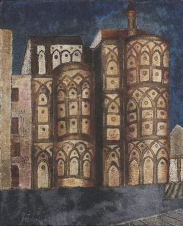 Franco Gentilini "Monreale" 1962
olio su tela sabbiata
cm 50x41
Firmato e datato