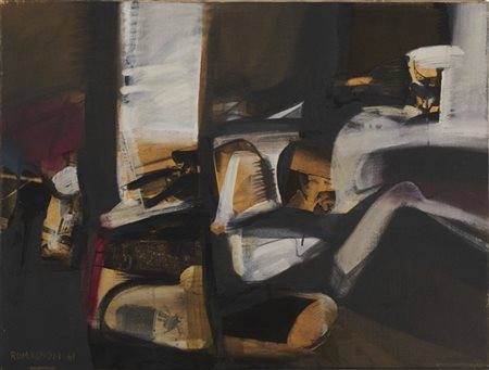 Bepi Romagnoni "Racconto (Interno)" 1961
olio e collage di carte su tela
cm 60x8