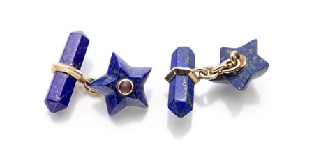 Coppia di gemelli in lapislazzuli, oro e rubini Diametro mm. 12 Oro giallo...