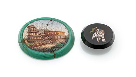 Coppia di micromosaici romani su pietra dura cm 2 x 2,5 / cm 3 x 4 Fine XIX...
