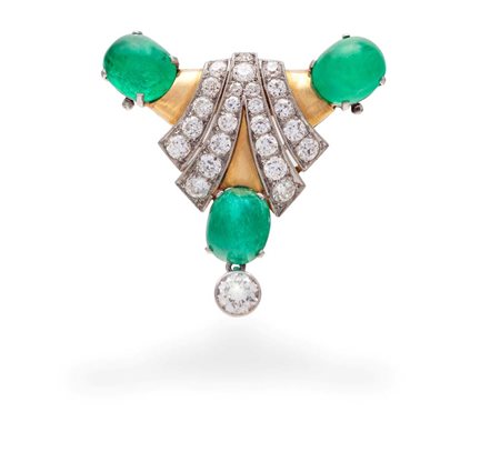 Walser Wald, spilla decò in oro, platino brillanti e smeraldi cm 4 x 4 Oro...