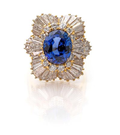 Anello in oro, zaffiro e diamanti in taglio tepper. Misura 13 Oro giallo...