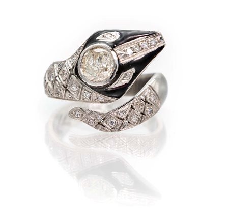 Anello a serpente in oro, diamanti e onice Misura 15 Oro bianco 750/000....