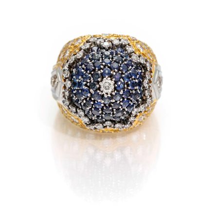 Anello grande cupola in oro, diamanti e zaffiri Misura 16 Oro giallo 750/000....