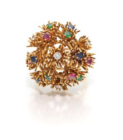 Anello a fiori in oro, rubini, zaffiri, smeraldi e brillanti Misura 15 Anni...